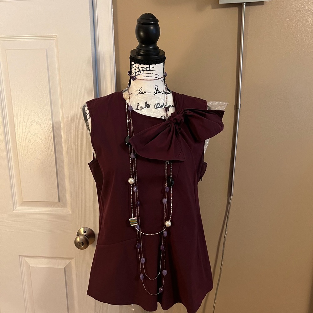 Theory Women's Sleeveless Bow Front Stretch Cotton Blouse Top - Deep Burgundy -L